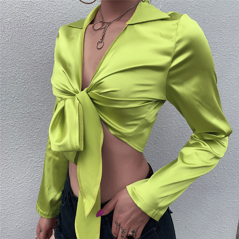 Lime-green tie front longsleeve top