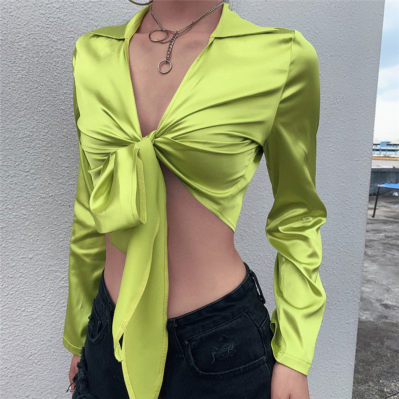 Lime-green tie front longsleeve top