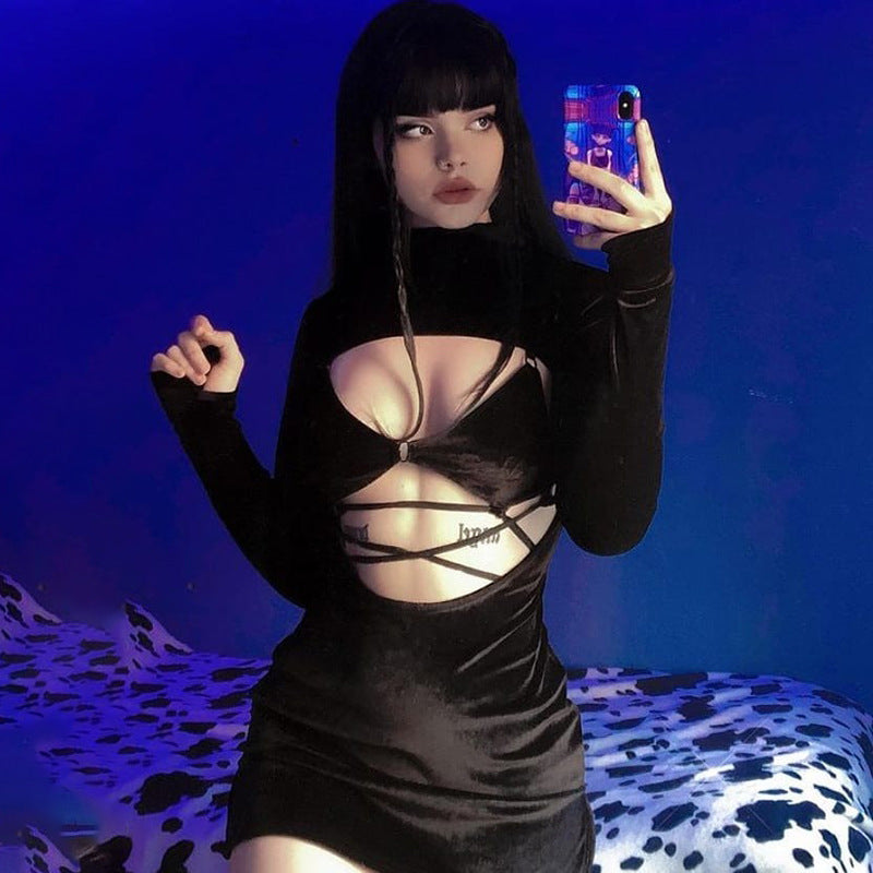 Black velvet cutout dress