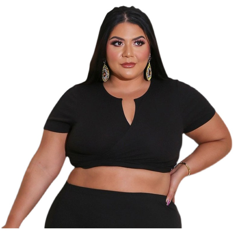 Plus size black crop top and long skirt matching set