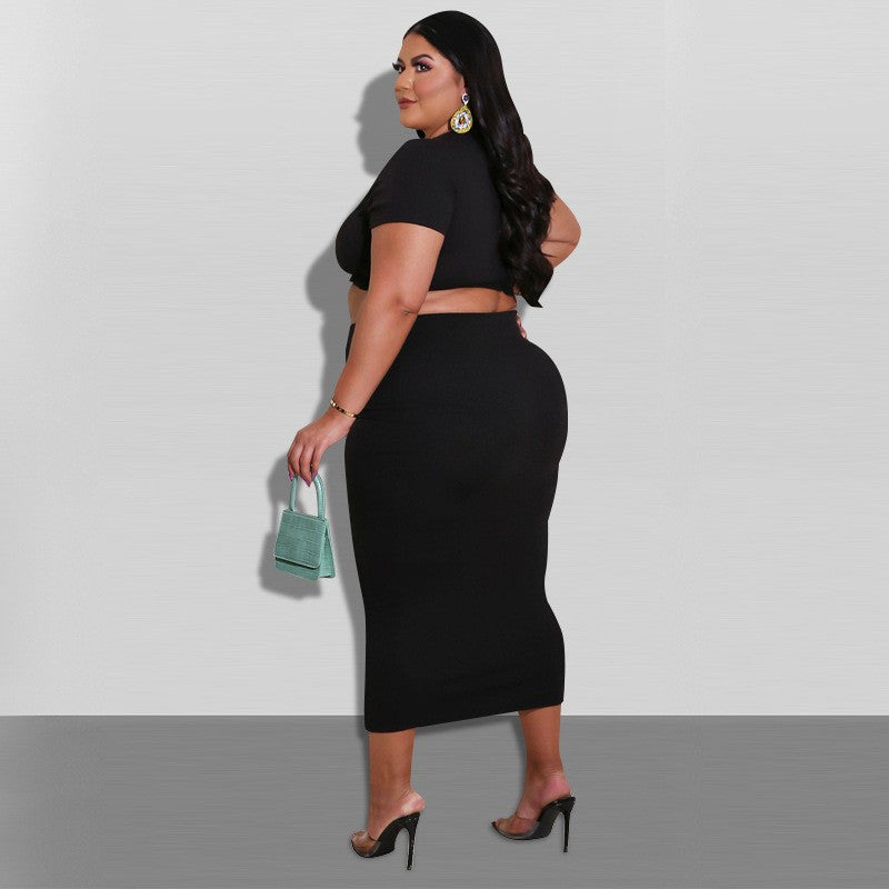 Plus size black crop top and long skirt matching set