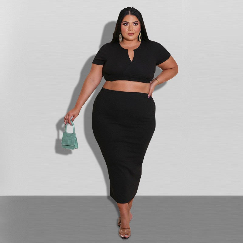 Plus size black crop top and long skirt matching set